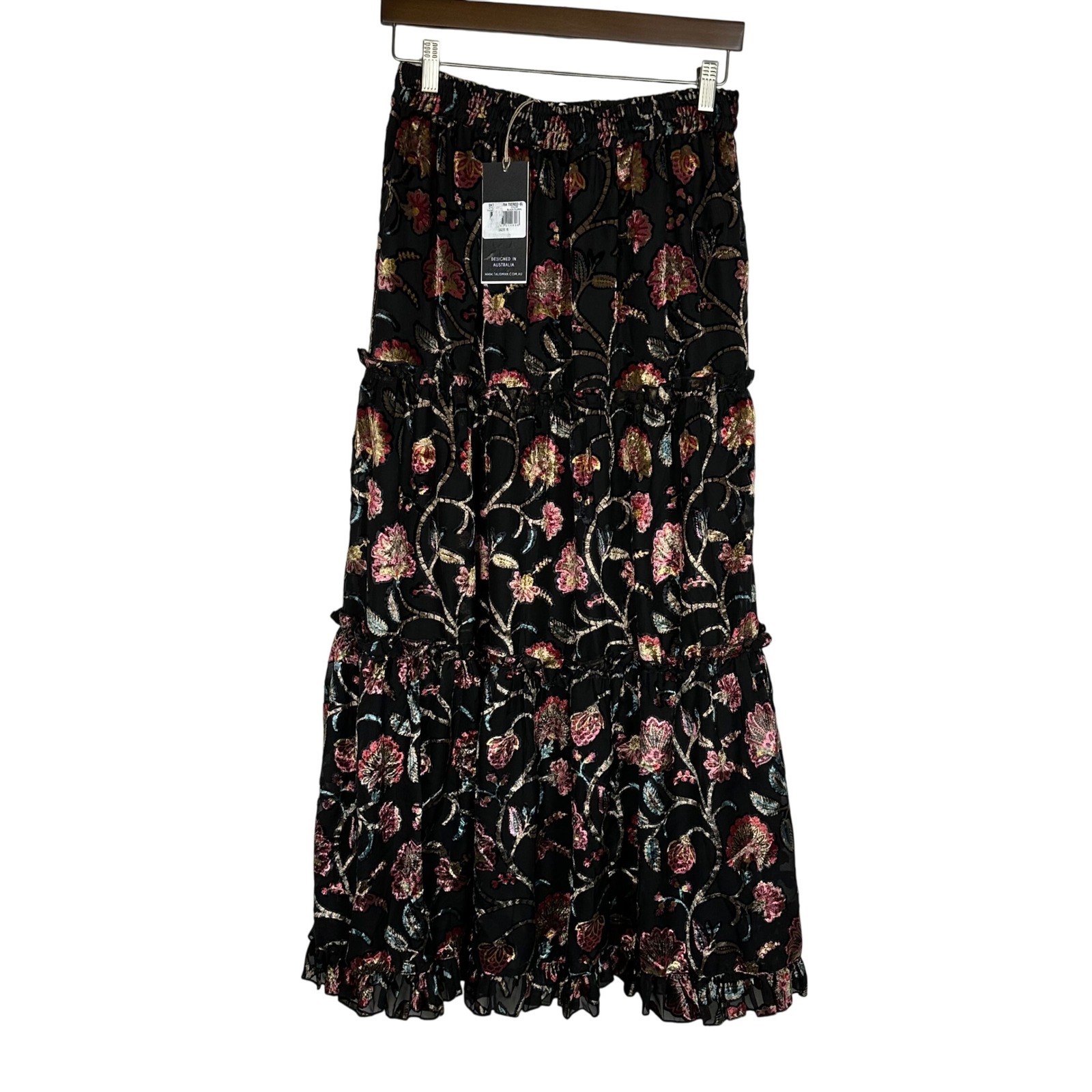Talisman Black Floral Velvet Burnout Tiered Maxi Skirt Whimsigoth Gypsy S